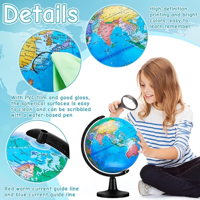 Amylove 13'' Illuminated World Globe for Adults 720°/360° Rotation Rewritable Light Up Globe with Stand World Map for Interactive Learning Light with Base Lamp LED Decor(Lightweight,Classic)