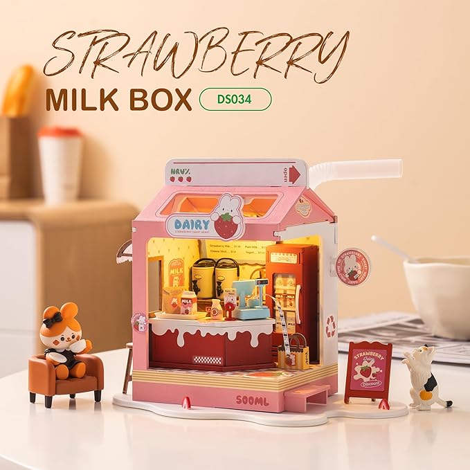 DIY Mini House Building Miniature Kit Milkbox, Miniature Lifestyle Bookshelf Decoration, Cute Craft Kits for Women or Girls 14+, Kawaii Gifts Hobbies for Crafters (Strawberry Milkbox)