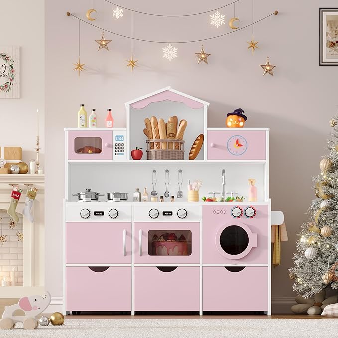 Keyluv Wooden Play Kitchen for Kids and Toddler, Montessori Toy Kitchen Playset with Plenty of Pretend Play Features and Storage Drawers, Gift for Boys and Girls, Pink