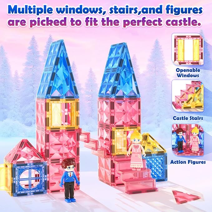 Diamond Magnetic Tiles for Kids: Magnet Building Blocks for Girls & Boys Age 3-8 Princess Castle Toy Birthday Sensory Game 4 5 6 7 8 12 Year Old Learning Classroom Must Have Decor