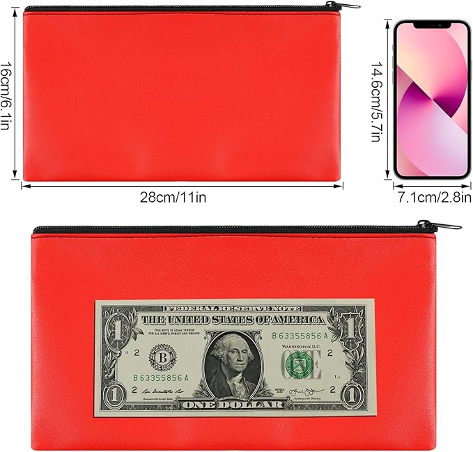4Pack Money Bag 11 X 6 ", Safe Durable Money Bags with Zipper for Cash Waterproof, Coin Money Pouch PU Leather Bank Bag, Bank Bags with Zipper for Checks Makeup Bills Receipts Tool Storage Bag (Red)