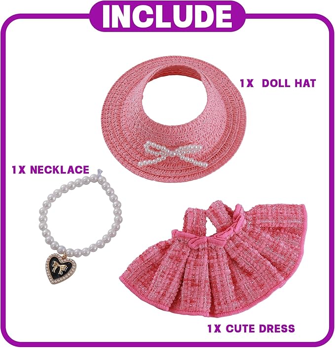 17cm Doll Clothes Set 3-Piece Pink Outfit Set with Pink Dress Necklace Hat Accessories for 17cm Plush Dolls, Clothes Only, No Doll Included
