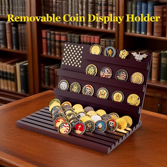 Challenge Coin Display Stand - 11 Rows Military Coins Holder Rack, Wooden Coin Collection Case for Table Top Display