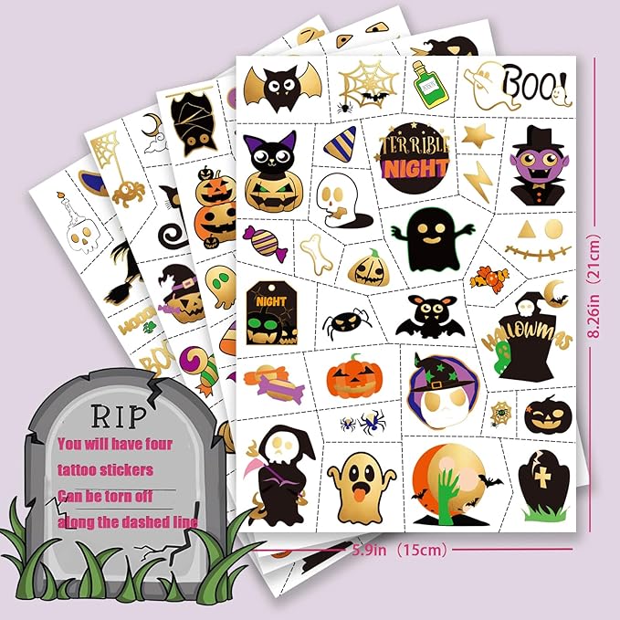 Halloween Temporary Tattoos For Kids Pumpkin, Ghost, Witch Halloween Party Favors for Boys or Girls- 126 pcs Golden Goodies Waterproof Fake Tattoos For Kids 6 7 8 9 10 11 12 years old