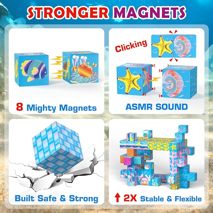 Magnetic Building Blocks Set, 140PCS Light-Up Undersea Kingdom Magnetic Tiles & Magnet Cubes, STEM Montessori Construction Toys for Boys & Girls Age 3 4 5 6 7 8, 2025 Upgraded Christmas Birthday Gift