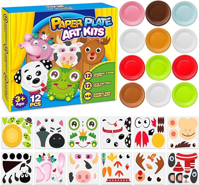 V-Opitos Arts and Crafts Kits for Kids, 12 Pack Simple Animal Paper Plate Crafts for Toddler Age of 2, 3, 4, 5 Years Old, Fun Preschool Classroom Activity Project for Boy & Girl