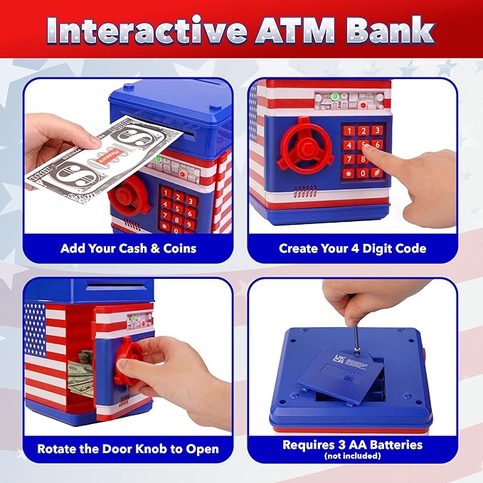 USA Toyz All-American Electronic Piggy Bank for Kids - ATM Kids Money Safe, Coin Bank Savings Box with Auto Bill Feeder Coin Slot, LED Lights, 4-Digit Password, Voice/Beep Modes, Ages 3+
