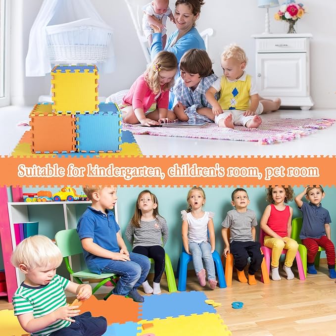 Nuanchu 60 Pcs Kids Foam Puzzle Floor Mat Bulk Solid Color Foam Play Mat with Borders Interlocking Multi Use Floor Rug for Baby Toddler Children 12 Inch (Dark Blue, Light Blue, Orange, Yellow)