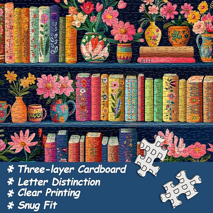 Blooming Bookshelf Jigsaw Puzzles 1000 Pieces, PICKFORU Wildflower Pages Puzzle, Plant Floral Flowers Books Literary Themed, Colorful Art Library Impossible Challenging Puzzles for Adults