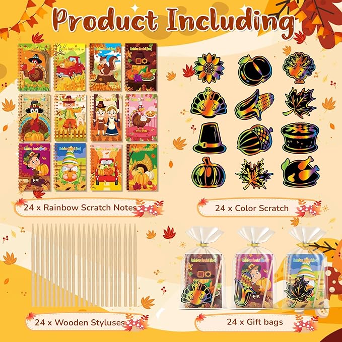 24 Pack Thanksgiving Scratch Art Party Favors for Kids - Rainbow Scratch Paper with Fall Party Scratch Off Cards Pumpkin Birthday Goodie Bag Stuffers - Return Gifts DIY Classroom Prize