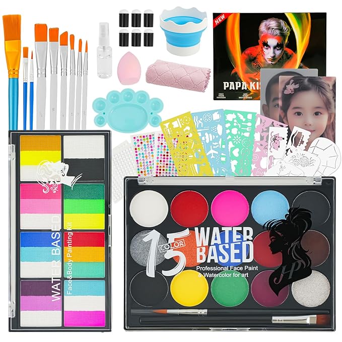 Face Painting Kit for Kids & Adults,Non-toxic Water Activated Face Paint Makeup set,Includes 18 Color+15 Color Face Paint Makeup Palette and Multiple makeup tools.Ideal for Halloween,Cosplay Makeup.
