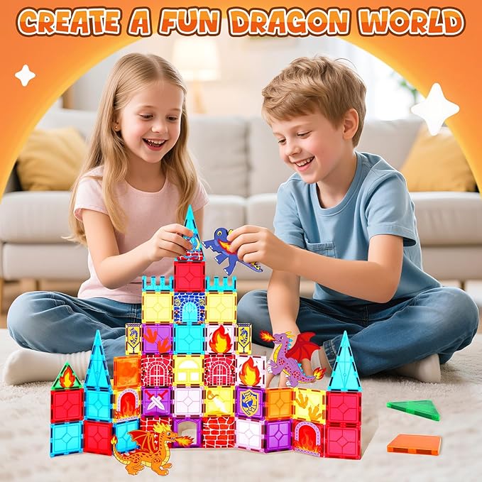 Dragon Toys, Magnetic Tiles 3D Building Toys, Creative Dinosaur Magnetic Construction Set with Inspirational, Recreational, Educational, 53 Piece