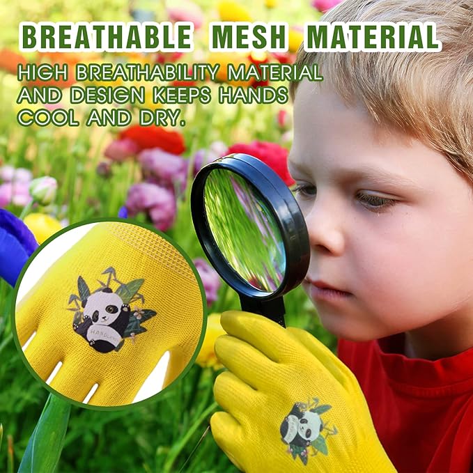 HANDLANDY 3 Pairs Kids Gardening Gloves Latex Free, Nitrile Coated Children Toddler Garden Yard Outdoor Playing Gloves for Little Girls Boys (Size S)