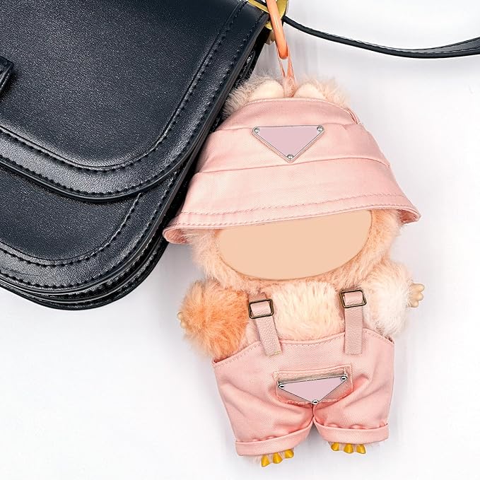 Clothes for 6.7in Plush Doll(NO Doll), Hat & Overalls Set with Triangular Badge, Handcrafted 2-Piece Clothes Set, Fashion Cute Outfit for Dolls Accessories(Pink)
