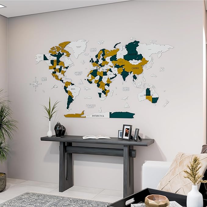 Colorfull Worlds 3D Wooden World Map Wall Art | Unique Wall Decor with Pins for Travel Enthusiasts | Home and Office Wall Décor | Gold-Blue | XXLarge