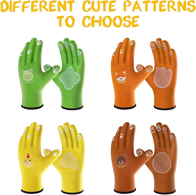 COOLJOB Breathable Toddler Work Gloves for Gardening Boy Girl Ages 6-9 Large, Nylon Kids Garden Gloves with Grip, Children Yard Gloves for Digging Weeding Landscaping, Green & Orange, 2 Pairs