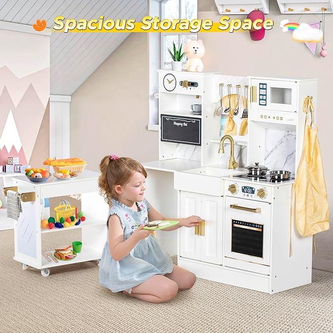 Kids Play Kitchen with Removable Cart, Wooden Toddler Kitchen Playset with Oven, Stove, Sink, Coffee Maker, Pretend Play Toy Kitchen Set for Children Boys Girls Ages 3