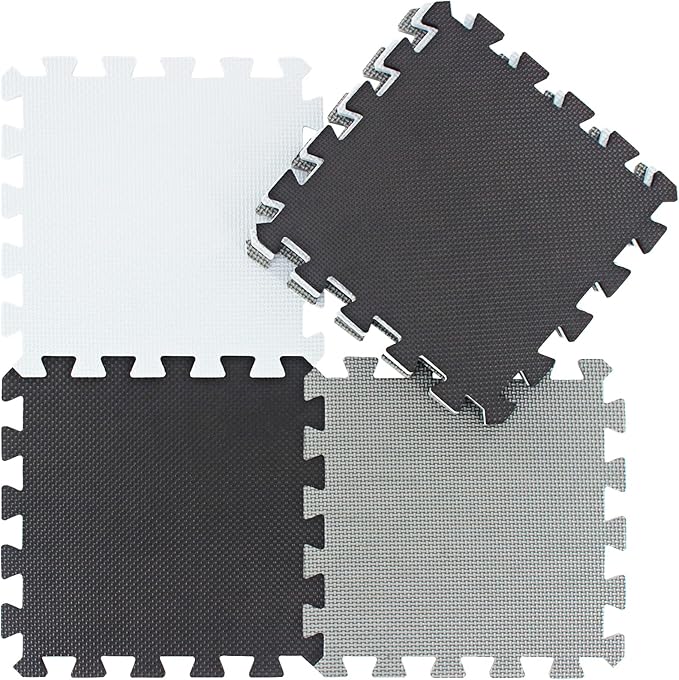 qqpp EVA Rubber 18 Tiles Interlocking Puzzle Foam Floor Mats - Baby Play Mat for Playing | Exercise Mat for Home Workout. White, Black, Gray. QC-ADLb18N