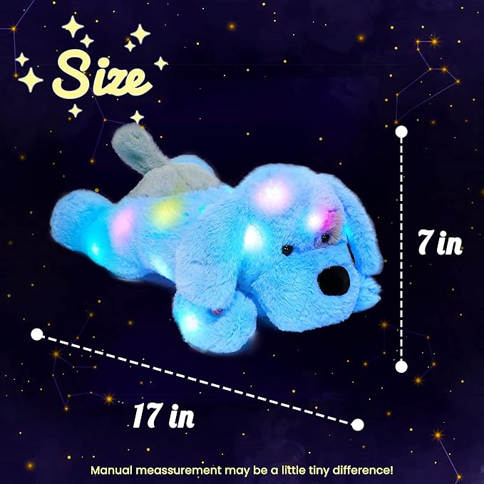 Hopearl Lighting Up Plush Puppy Adorable LED Stuffed Animal Dog Floppy Pup Night Lights Glow in The Dark Birthday Festival for Kids Toddler Girls, Blue, 17''
