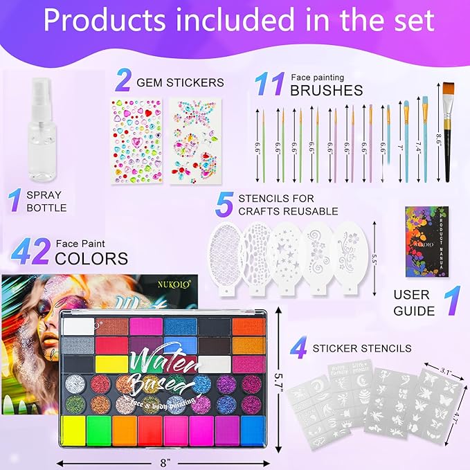 Professional Face Paint Set for Kids,42 Colors Non-toxic Water Activated Face Painting Makeup Palette .Includes Multiple makeup tools.Ideal for Halloween,Carnival,Cosplay,Party,SFX Arty Stage Makeup.