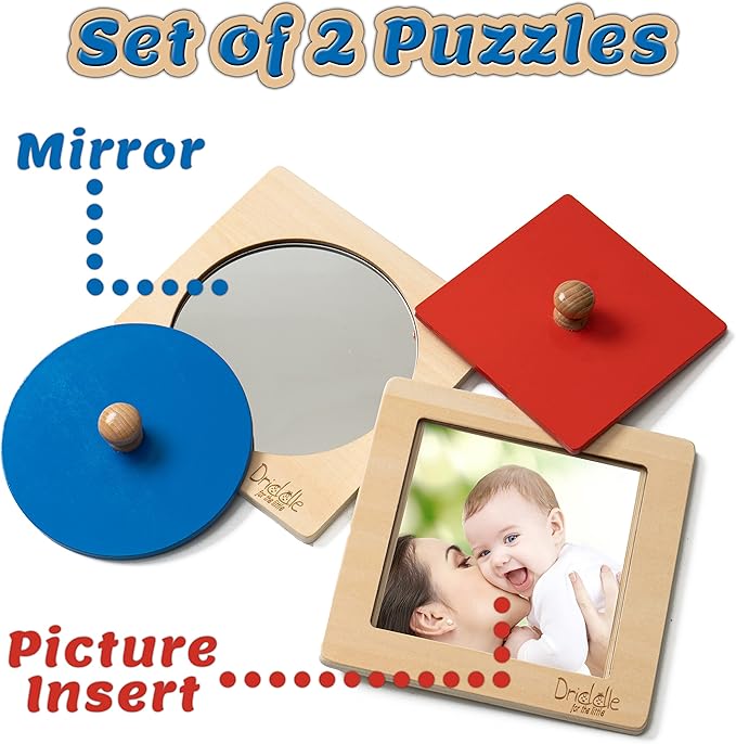 Montessori Toys - Wooden Knob Shape Puzzles - Mirror & Photo Insert - Learn Colors & Shapes Interactive Baby & Toddler Toys