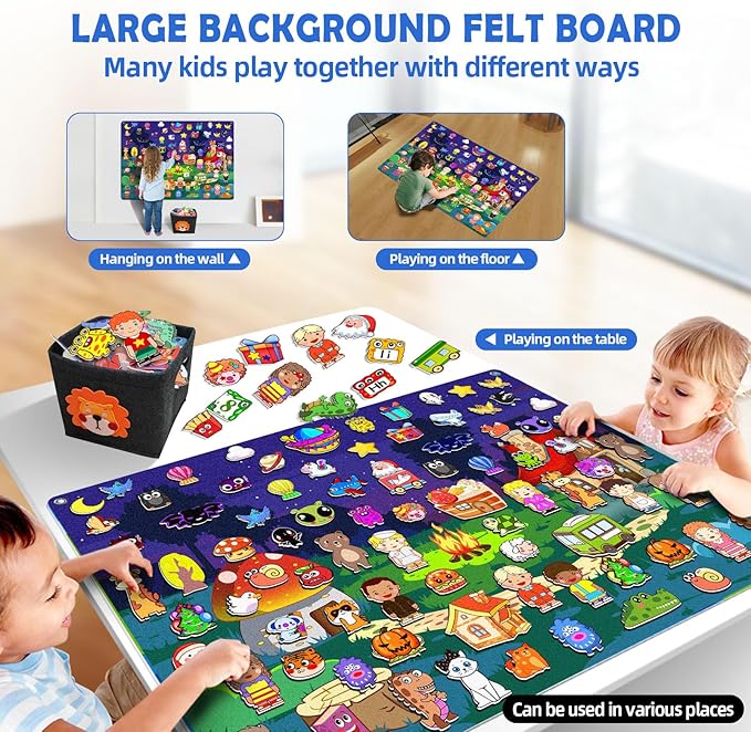 200Pcs Felt Story Board Set with Storage Bag Preschool Teaching Wall Flannel Busy Board Bonfire Party Themed Early Learning Interactive Play Toys Wall Hanging Gift for Toddlers Kids 40 X 28 Inch
