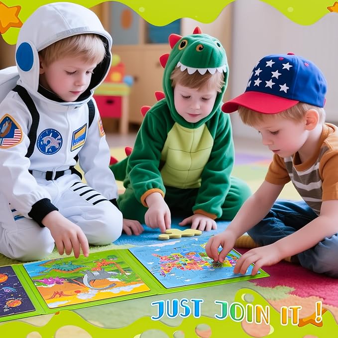 Magnetic Puzzles for Toddlers 3-5, 3 Pack Travel Puzzles for Kids Ages 3-6 with 60 Magnetic Pieces, Dinosaur, Solar System & Map Puzzles, Road Trip Activities Toys & Birthday Gifts for Boys Girls