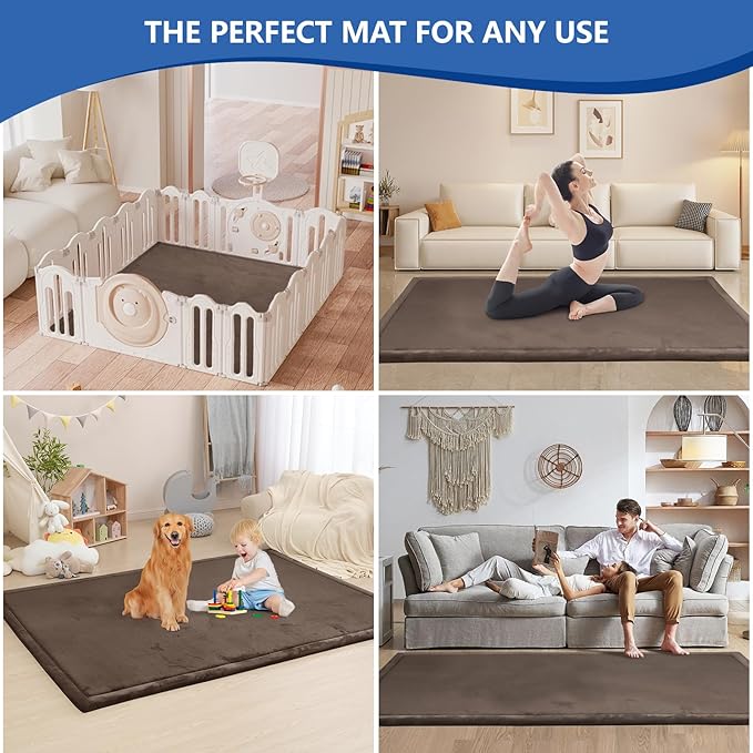Baby Play Mat for Floor,1.3" Thick Memory foam Tummy Time Mat for Toddlers,Infants,kids,Water-Repellent Soft Nursery Rug ,71"×79" Extra Large Non Slip for Crawling&Yoga,Tatami Style for Living Room(Dark Brown)