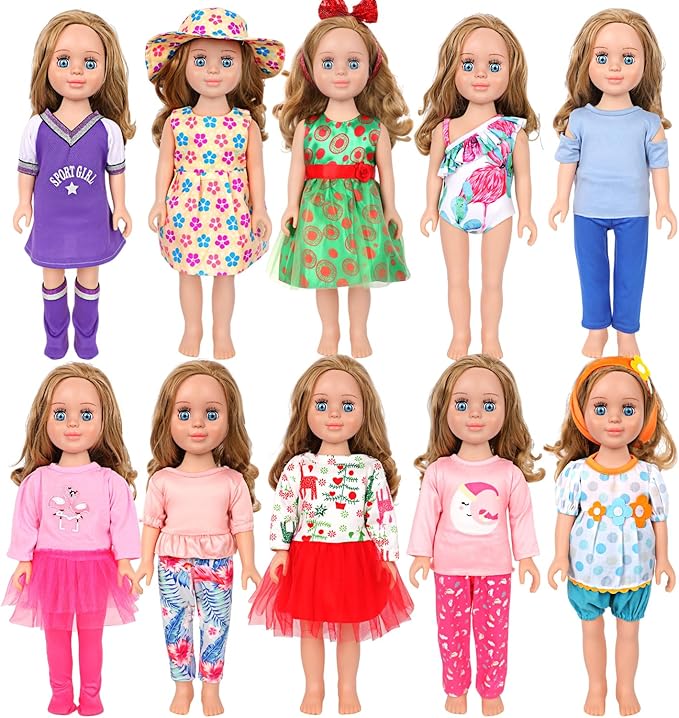 MSYO 10 Sets (20 Pcs) Doll Clothes for 17 - 18 Inch Dolls, Diverse Outfits (Sporty Dress, Floral Dress, Flamingo Swimwear) & Casual Wear, Fashion Dress - Up Set
