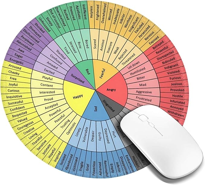 Wheel of Emotions, Feelings Chart Therapy, Round Mouse Pad, Non-Slip Rubber Base,Stitched Edges, Mental Health Computer Gaming Mousepad for School Classroom Counseling Office Home 7.9x7.9 Inches