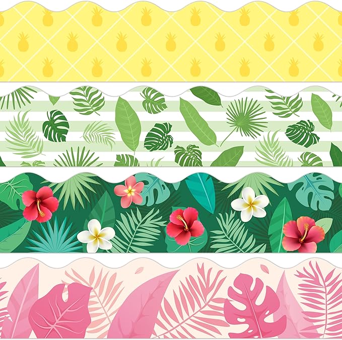 BeYumi Hawaii Tropical Border Trim - 80Pcs Back to School Hawaii Tropical Bulletin Board Borders Palm Leaf Flower Pineapple Decor Classroom Office Chalkboard Poster Summer Holiday Party Decoration