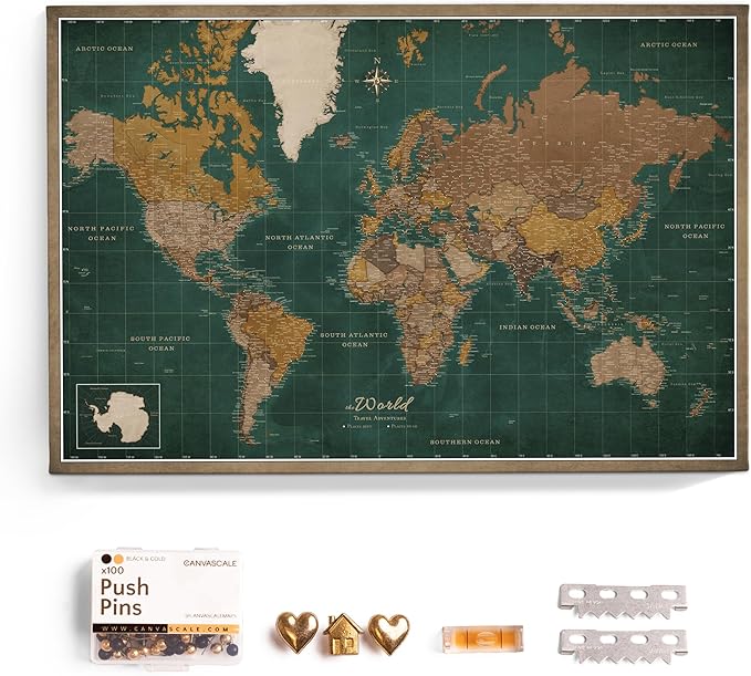 Canvas World Map with Cork Pin Board - English Lettering - Decorative Wall Decoration for All Rooms - Canvas Pictures with World Map Motif (120x80 cm, Pattern 4)