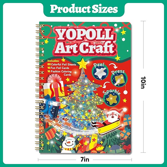Fun & Mess-Free Foil Art Kit for Kids – 80 Foil Sheets & 32 Art Cards, No Glue Needed, Creative Craft Gift for Christmas Halloween Holiday Birthday（Christmas Version）
