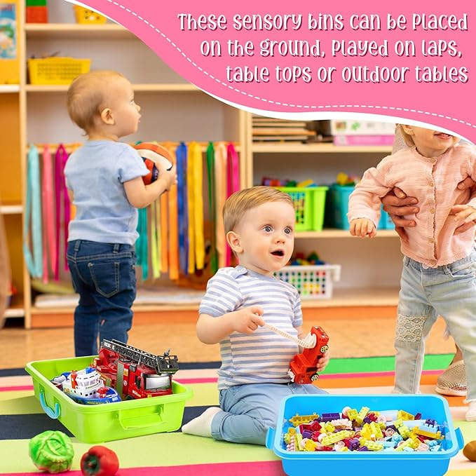 2 Pcs Sensory Bins Sand Tray with Lid, 15in Stackable Leak-Proof Plastic Sensory Tray for Sand & Water Play, Portable Bin for Kids 3 4 5 6, Easy Clean, Indoor Outdoor(Blue, Green)