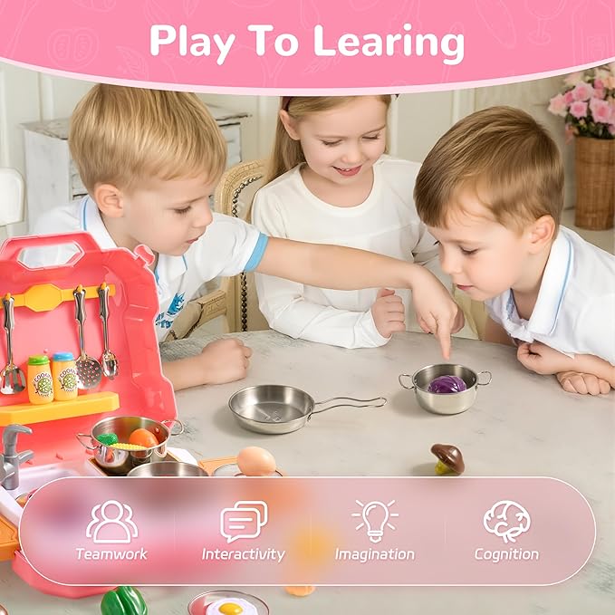 MINDNOOK Kids Kitchen Playset, 35Pcs Kitchen Sink Pretend Play Cooking Toys with Utensils, Stainless Steel Pots & Pans Play Food Sets for Kids, Learning Gift for Toddlers, Boys, Girls Ages 3+