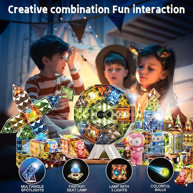 Deluxe Quality Magnetic Tiles Building Set with Attractive Reflective Pattern, LED Lights, Marble Run, and Cars - STEM Educational Toy for Creative Kids Girls Boys 3+ (87 pcs Ferris Wheel)