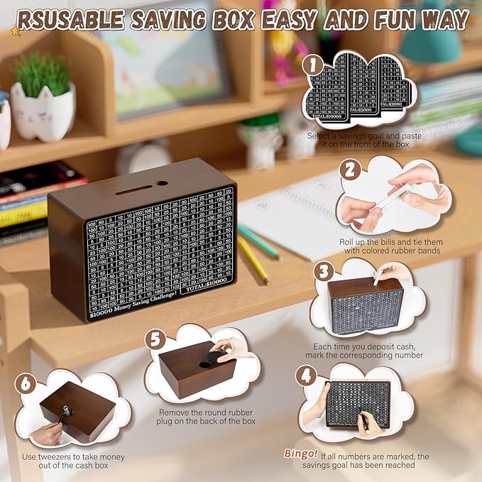 Wooden Money Saving Box, Cash Savings Box for $10000 $5000 $3000 $1000 $800 $500 Target Money Saving Challenge, Money Box with Counter/Dry Erase Pen/Savings Trackers/Rubber Band-Brown