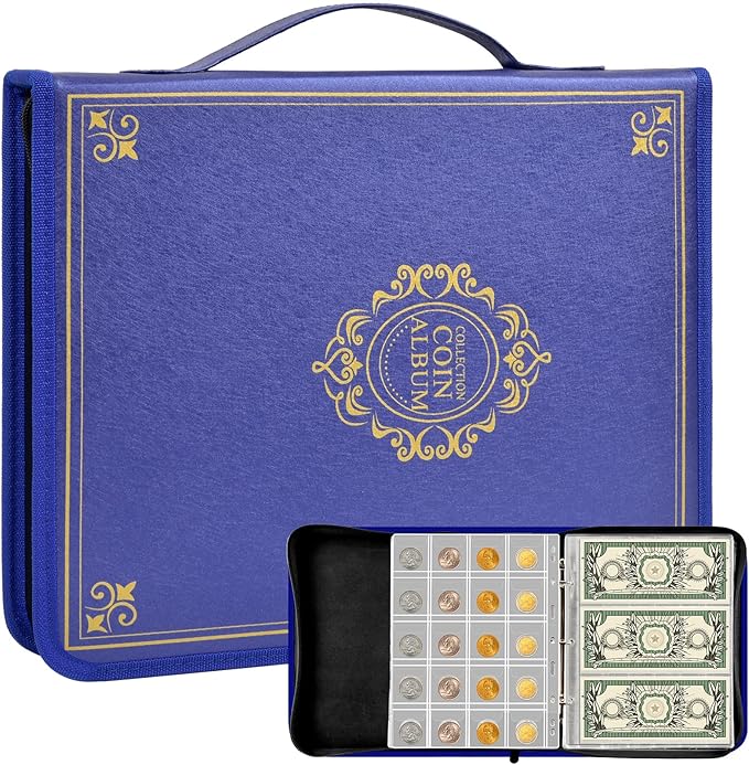 Coin Collection Book Holder for Collectors, 200 Pockets Coins Collecting Album & 30 Sleeves Paper Money Display Storage Case for Currency Collection Supplies (200+30 paper money binder)-Blue