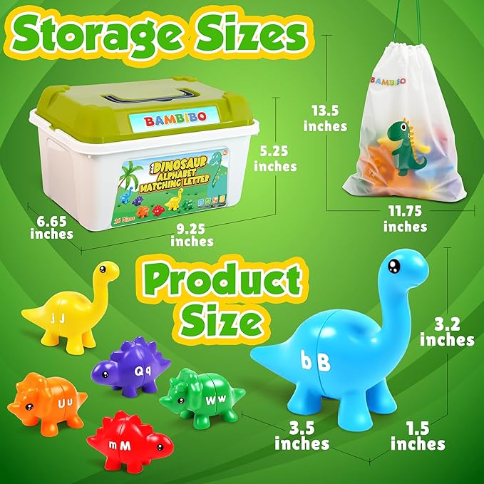 Bambibo Dinosaur Alphabet Learning Toys - 52pc in Storage Box | 26 Double Sided Dino Matching Toys | Preschool Dinosaur Letter Matching Toy for Toddlers 3-5