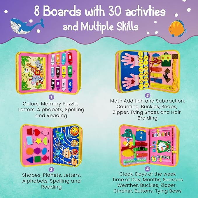 Busy Board Book Bag for Kids | Interactive Learning Activities for Ages 2-7 | Mermaid-Themed Skill-Building Kit | Hair Braiding, Tying Shoes, Math, and Alphabet Puzzles, Felt Bag
