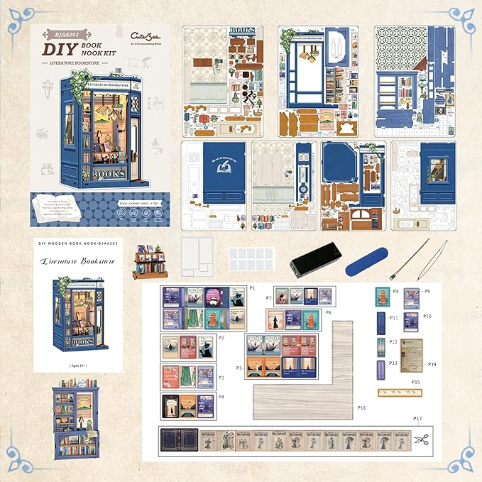CUTEBEE DIY Book Nook Kit, Miniature House Kits for Adult and Teens, DIY Miniature Book Nook kit with Sensor Led Light, Gifts for Lovers and Family (Literature Bookstore)