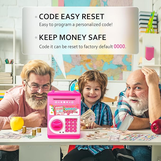 ATM Piggy Bank for Boys Girls, Vcertcpl Mini ATM Coin Bank Money Saving Box with Password Code, Kids Safe Money Jar for Real Money with Auto Grab Bill Slot, Great Gift Toy Bank for Kids (Pink)