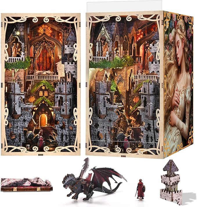 Book Nook Kit - DIY Doll House Booknook, Book Nook Miniature Kit for Bookshelf Doll Houses for Adults Teen Halloween, 3D Wooden Puzzle Bookends with Led Light and Dust Cover (Sleeping Beauty)