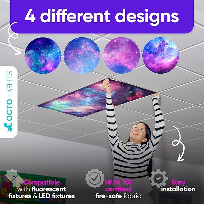 Magnetic Fluorescent Light Covers for Ceiling Lights - Astronomy Cover for Fluorescent & LED Fixture - Must Haves for Teacher Supplies - Classroom, Home, Office Decor - Shield Overhead Lighting