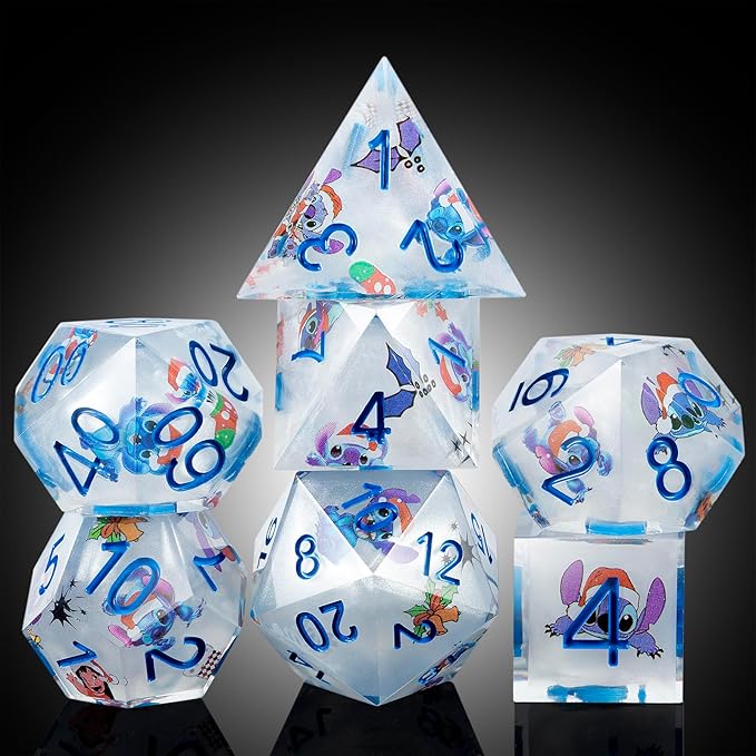 DNDND Carton Dice 7 Piece Sharp Edge Dice Set D&D with Carton Stickers for Dungeons and Dragons D&D Table Games (Silver with Carton)