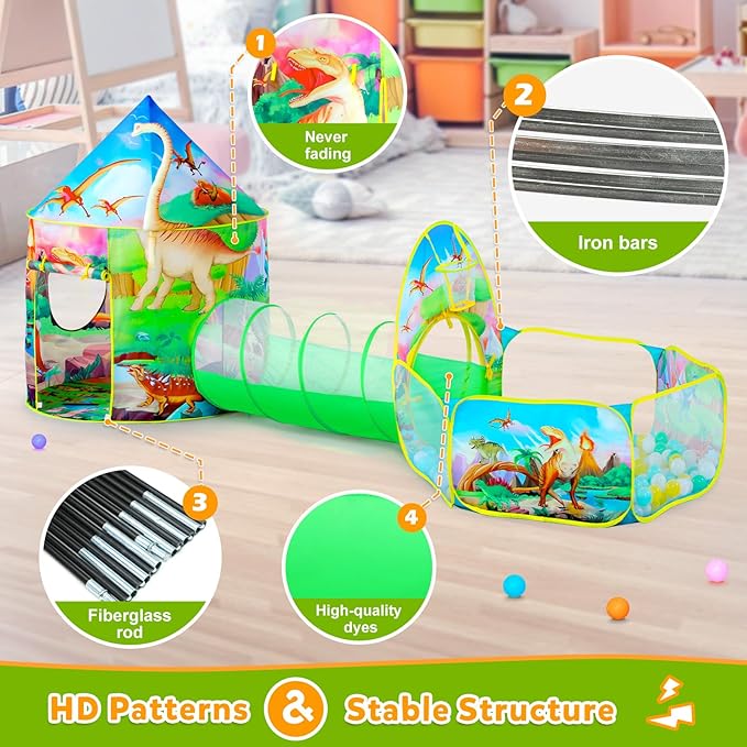 3pc Dinosaur Play Tent for Boys with Ball Pit, Crawl Tunnel, Play Tents for Toddlers, Baby Space World Playhouse Toys, Boys Indoor& Outdoor Play House, Perfect Kid’s Gifts
