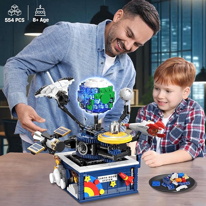 Planet Rotatable Space Sets with Light - Earth & Moon Space Exploration Building Toys with Shuttle Spaceship Science Kits Building Blocks Gifts for Kids Age 8+ Years Old Boys Girls(554 PCS)