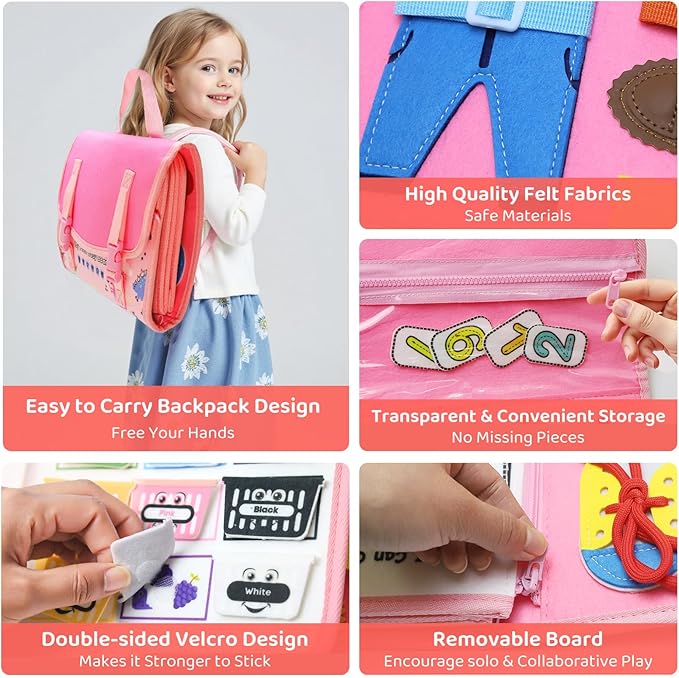 Busy Board Montessori Toys for Toddler,Busy Book - Sensory Preschool Learning Activities Educational Toys with Fine Motor Skills,Gift for Boys Girls,Travel Essentials for Plane Car (Pink)