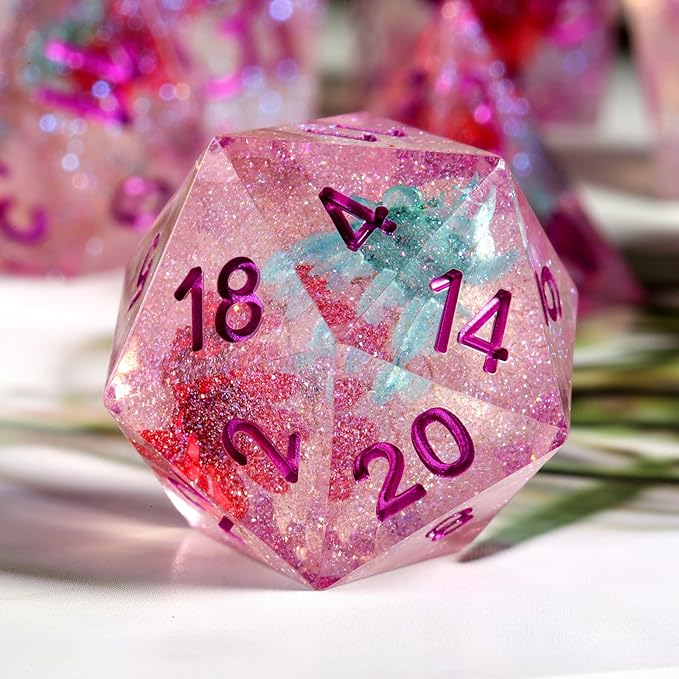 Resin DND Dice, DNDND Handmade Flowers Sharp Edge D&D Die Set with Gift Case for D&D Dungeons and Dragon Tabletop Games (Matt Purple)