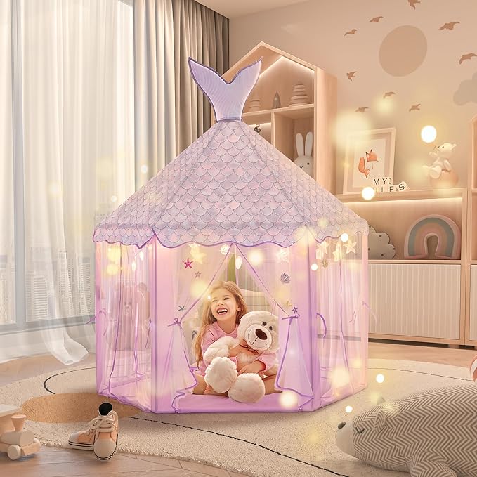 Princess Tent for Girls with Lights, Large Pretend Play Tent Castle w/Carry Bag & Stickers & Detachable Fishtail Top Indoor Outdoor, 67”x55” Ocean-Theme Kids Playhouse Gift for Toddler Age 3+